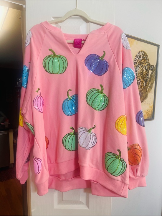 QUEEN OF SPARKLES Tops - QUEEN OF SPARKLES Pink Pumpkin Sequin Sweatshirt xl new Halloween Thanksgiving